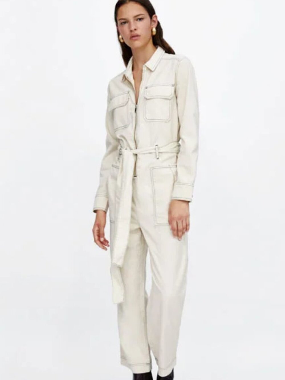 Zara Cotton Denim Jumpsuit Boilersuit with Contrast Topstitching in Ecru Size M